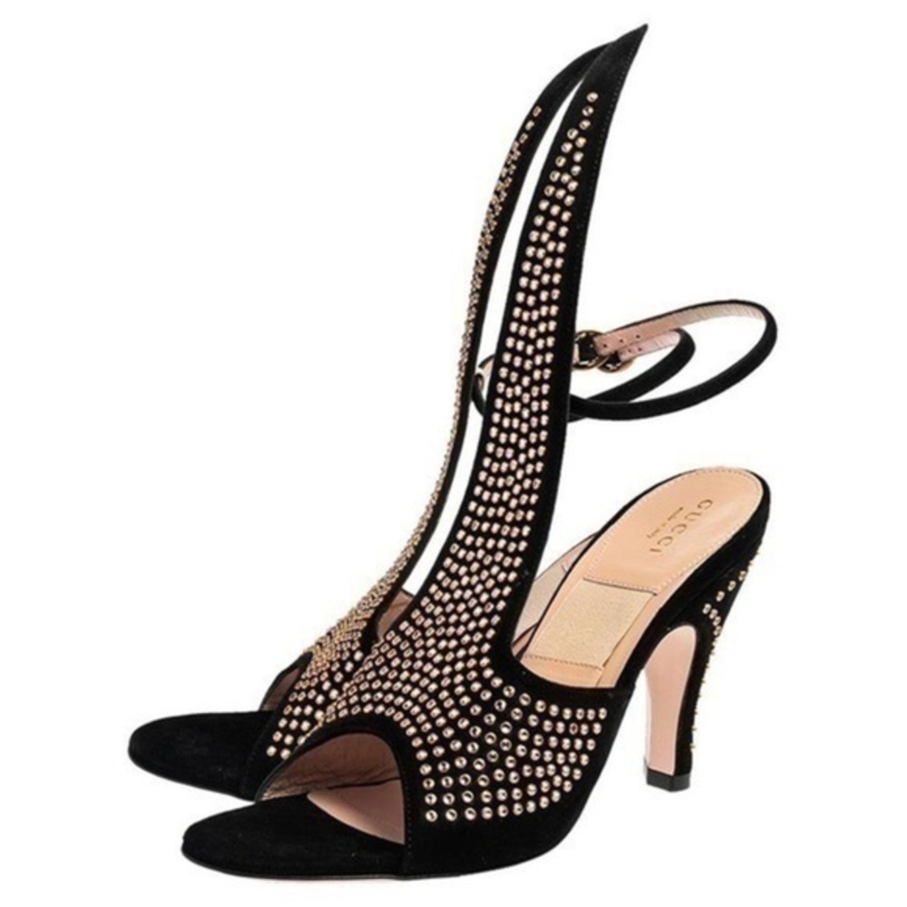 Gucci Black Suede Crystal Embellished Cone Heel Ankle Strap Sandals
